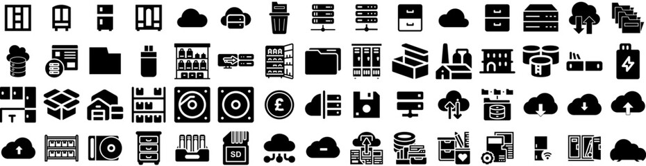 Set Of Storage Icons Isolated Silhouette Solid Icon With Unit, Container, Business, Technology, Storage, Industrial, System Infographic Simple Vector Illustration Logo