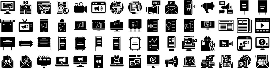 Set Of Advertising Icons Isolated Silhouette Solid Icon With Advertising, Concept, Advertisement, Business, Marketing, Media, Communication Infographic Simple Vector Illustration Logo