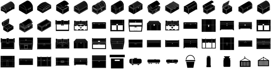 Set Of Container Icons Isolated Silhouette Solid Icon With Industrial, Industry, Shipping, Container, Transportation, Export, Cargo Infographic Simple Vector Illustration Logo