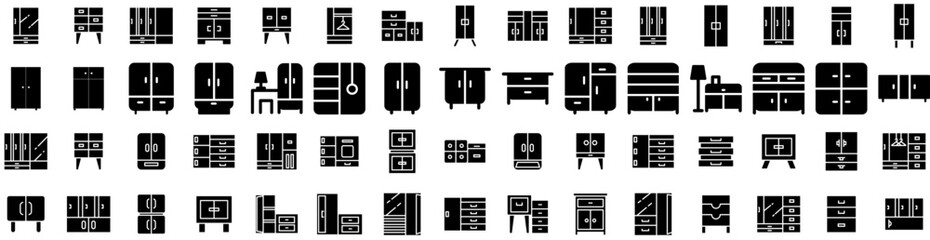 Set Of Cupboard Icons Isolated Silhouette Solid Icon With Furniture, Design, White, Interior, Cupboard, Modern, Home Infographic Simple Vector Illustration Logo