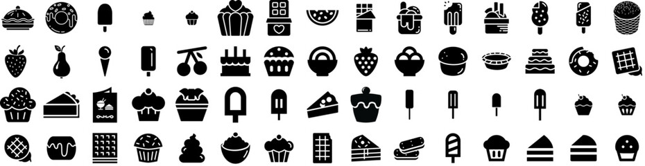 Set Of Dessert Icons Isolated Silhouette Solid Icon With Cake, Delicious, Pastry, Food, Bakery, Dessert, Sweet Infographic Simple Vector Illustration Logo