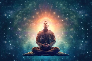 Meditating in the universe, representing the tranquility and serenity of the human being. Generative AI
