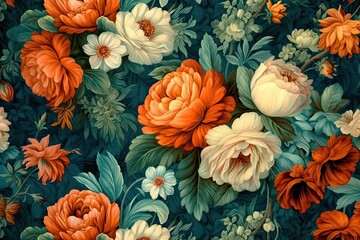 Obraz na płótnie Canvas Background of floral fabric on a black backdrop in the style of neoclassicism, beautiful and elegant flowers. Generative AI