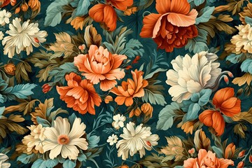 Fototapeta na wymiar Background of floral fabric on a black backdrop in the style of neoclassicism, beautiful and elegant flowers. Generative AI