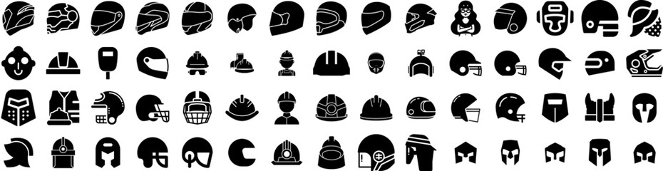 Set Of Helmet Icons Isolated Silhouette Solid Icon With Isolated, Protection, Safety, Head, Equipment, Helmet, White Infographic Simple Vector Illustration Logo
