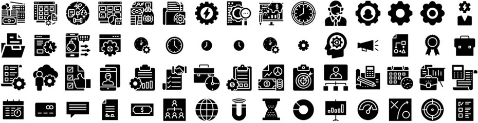 Set Of Management Icons Isolated Silhouette Solid Icon With Teamwork, Business, Management, Office, Manager, Businessman, Computer Infographic Simple Vector Illustration Logo