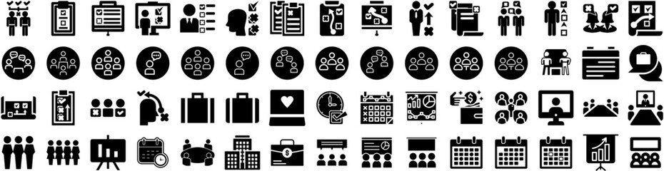 Set Of Meeting Icons Isolated Silhouette Solid Icon With People, Corporate, Discussion, Group, Meeting, Business, Office Infographic Simple Vector Illustration Logo