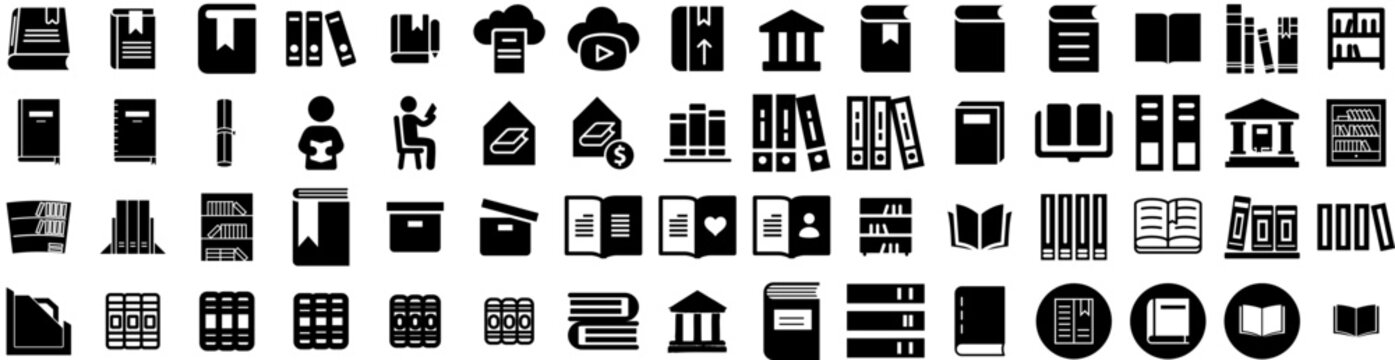 Set Of Library Icons Isolated Silhouette Solid Icon With Bookshelf, Knowledge, Study, Shelf, Library, Education, Literature Infographic Simple Vector Illustration Logo