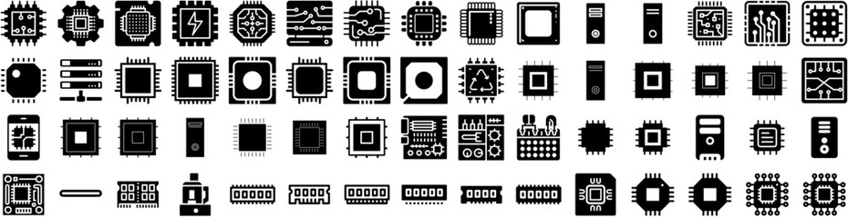 Set Of Processor Icons Isolated Silhouette Solid Icon With Hardware, Technology, Cpu, Computer, Circuit, Processor, Digital Infographic Simple Vector Illustration Logo