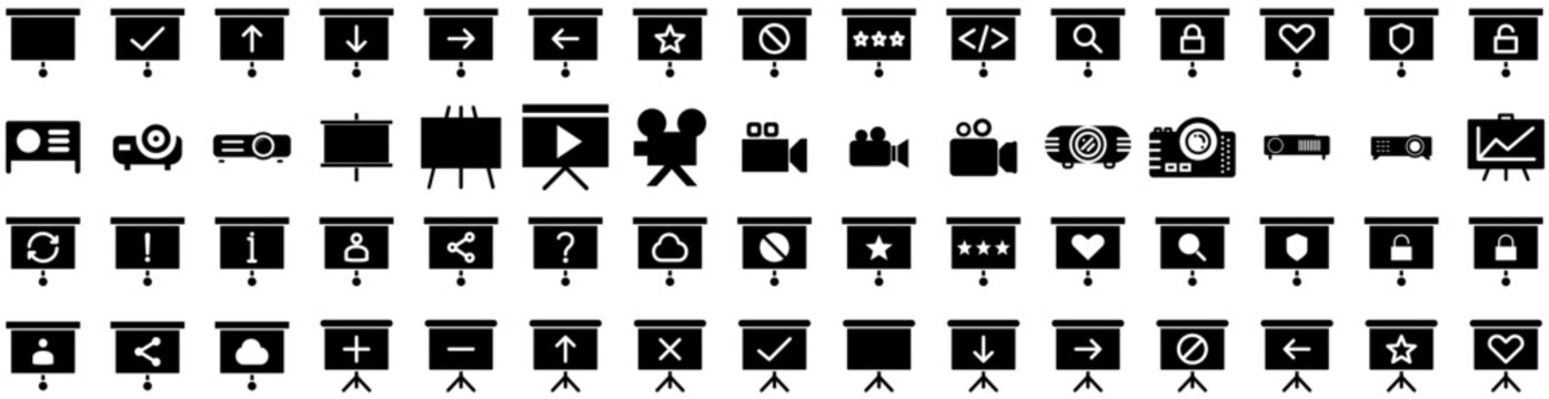 Set Of Projector Icons Isolated Silhouette Solid Icon With Presentation, Video, Screen, Projector, Cinema, Movie, Film Infographic Simple Vector Illustration Logo