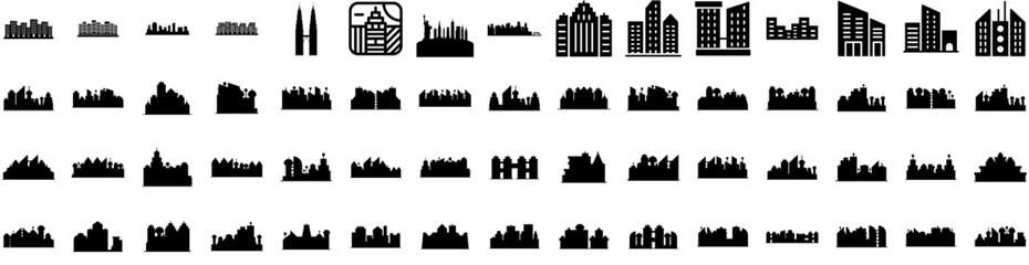 Set Of Skyline Icons Isolated Silhouette Solid Icon With Cityscape, Skyscraper, City, Architecture, Urban, Skyline, Building Infographic Simple Vector Illustration Logo