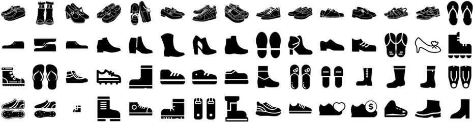 Set Of Shoes Icons Isolated Silhouette Solid Icon With Foot, Shoe, Casual, Fashion, Background, Footwear, Isolated Infographic Simple Vector Illustration Logo