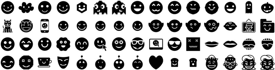 Set Of Smile Icons Isolated Silhouette Solid Icon With Happy, Isolated, Cheerful, Young, Face, Woman, Smile Infographic Simple Vector Illustration Logo