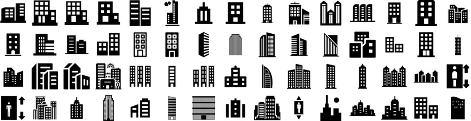 Set Of Skyscraper Icons Isolated Silhouette Solid Icon With City, Skyscraper, Urban, Tower, Business, Office, Architecture Infographic Simple Vector Illustration Logo