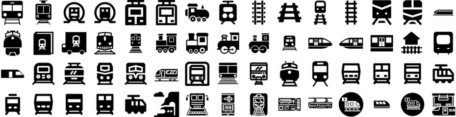 Set Of Train Icons Isolated Silhouette Solid Icon With Transportation, Rail, Travel, Railway, Train, Railroad, Transport Infographic Simple Vector Illustration Logo