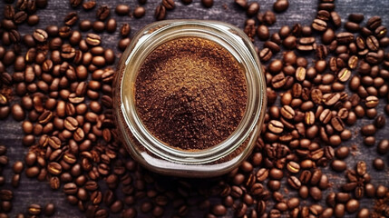 Top view of instant coffee in a glass bottle on beans background. Generative Ai