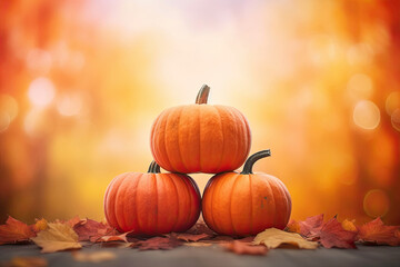 Three ripe pumpkins with autumn leaves, Generative AI