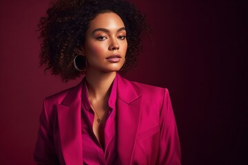 A model wearing a fuchsia-colored outfit, suit, or blouse, against a neutral background, with a sense of bold and confident fashion. Concept sense of style and personality. Generative AI