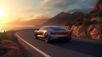 A digitally rendered 3D animation portraying a cutting-edge solar-powered vehicle cruising along a scenic coastal road, ai generated - obrazy, fototapety, plakaty