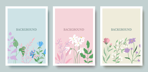 Beautiful flowers on backgrounds with space for text. Hand-drawn floral motifs in pastel colors.For the design of the cover, for the banner, for the decoration of the room.