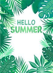 Fototapeta premium Hello Summer poster with tropical leaves and copy space.