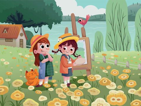 cartoon illustration of a girl having fun painting a beautiful spring landscape
