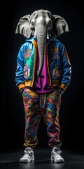 An elephant standing on two legs in a hip-hop costume, Abstract, creative, illustrated, minimal portrait of a wild animal dressed as a human in clothes. Generative AI.