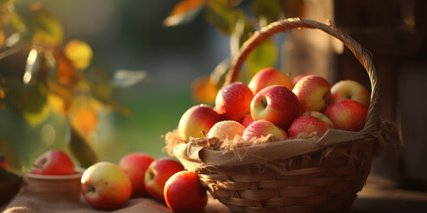 Red apples in the basket wiht copy space backtround, tasty apple juicy fruits

