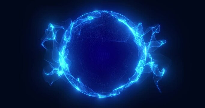 Blue sphere made of particles and waves emits energy, spherical ball or magic circle made of glowing dots, plasma explosion, science fiction. 3D rendering. Seamless loop 4k video. Video animation 