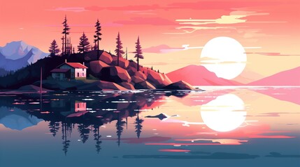 Obraz premium Illustration of stunning landscape minimalism vector art. Purple colors, sunset. View of the lake and mountains. Generative ai.