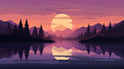 Illustration of stunning landscape minimalism vector art. Purple colors, sunset. View of the lake and mountains. Generative ai.