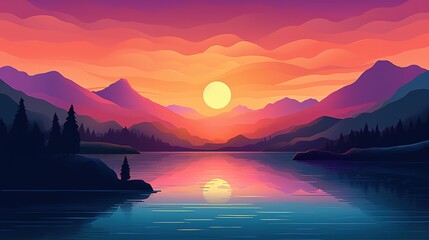 Illustration of stunning landscape minimalism vector art. Purple colors, sunset. View of the lake and mountains. Generative ai.