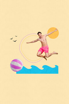 Template image magazine collage of funky young guy jump up dive into water pool for playing volleyball with friends on summer holidays