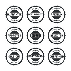 Stamp design set - premium quality, guaranteed, approved, sold out, postponed, confirmed, genuine, original.	