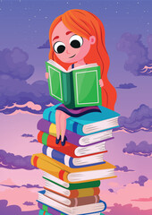 happy world book day illustration of a woman reading a book above the clouds