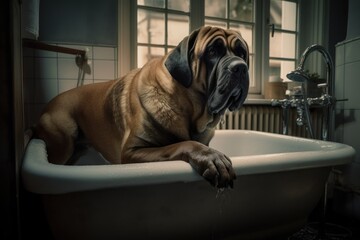 Mastiff bathing in a bathtub in the bathroom. Generative AI 6