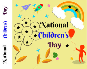 National Children's Day with happy children balloon shape flower and cloud card vector creative design 
