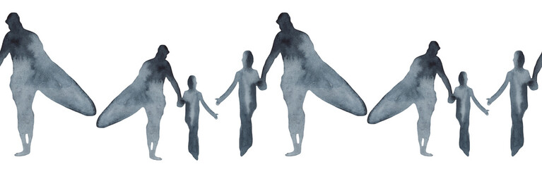 Surf group lessons with family decorative border with family riding on surfboard over waves blue color illustration isolated on white background.