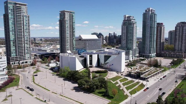 Left orbit of Scarborough's Albert Campbell Square and skyline with high-rise condominiums in Toronto, Ontario, Canada