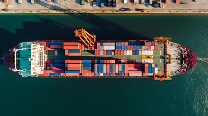 Aerial top view of Container ship loading and unloading, Cargo container in deep seaport for the international order concept. Space for copy Generative AI