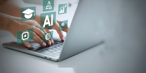 Human using computer chatting with an intelligent artificial intelligence asks for the answers...