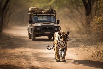 illustration, Indian tiger safari followed by a jeep, ai generative. - obrazy, fototapety, plakaty