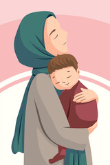 Happy Mother's Day. vector illustration design of a Muslim mother's love for her child
