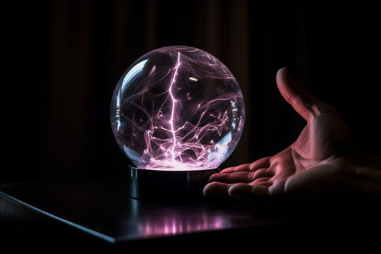 Plasma ball lamp energy hand touching glowing glass sphere concept for power electricity science and physics