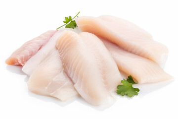 prepared pangasius fish fillet pieces isolated on white - obrazy, fototapety, plakaty