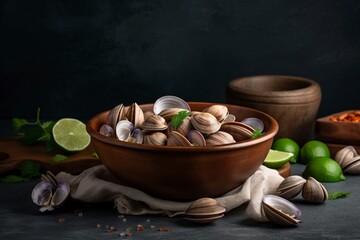 Fototapeta na wymiar illustration, raw clam shells and lemon, ai generative