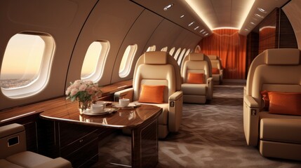 Luxury interior in the modern business jet. Generative AI.
