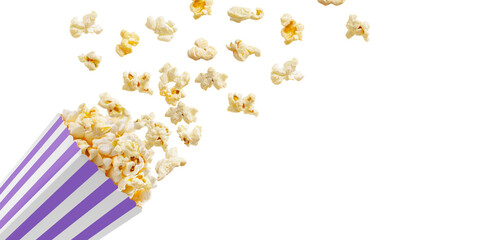 Popcorn flying out of purple white striped paper box isolated on white, transparent background,...
