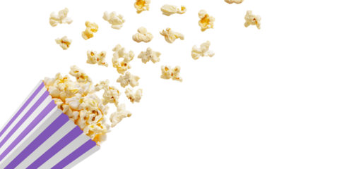 Popcorn flying out of purple white striped paper box isolated on white, transparent background, PNG, with copy space. Splash, levitation of popcorn grains.