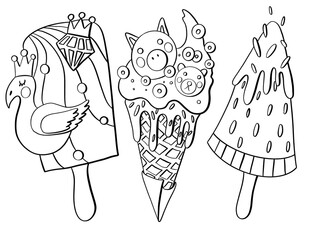 set contour line illustration sketch cartoon style food ice cream design element for coloring book cover print stickers and media logo icon